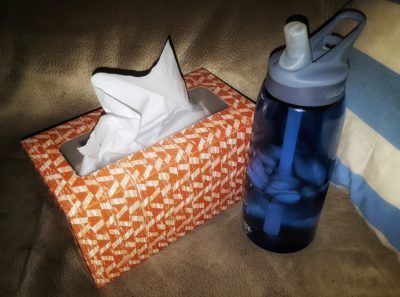 sick, essentials, tissues, water