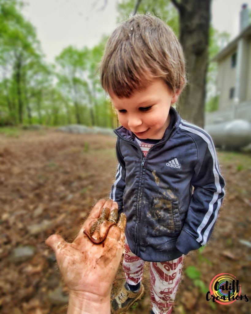 My 4-year-old fascinated by a salamander we found at the runoff creek