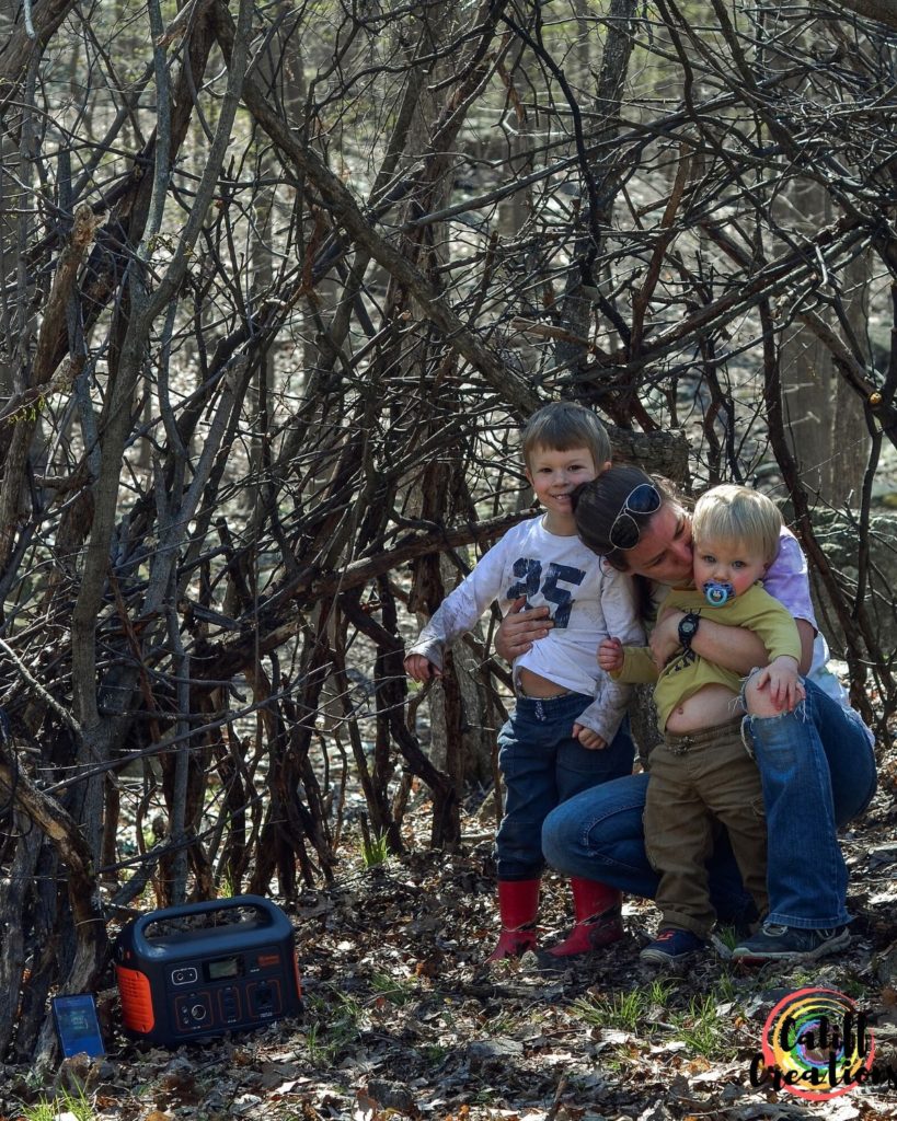 My boys and I hanging out in our fort we built in the woods listening to music powered by Jackery