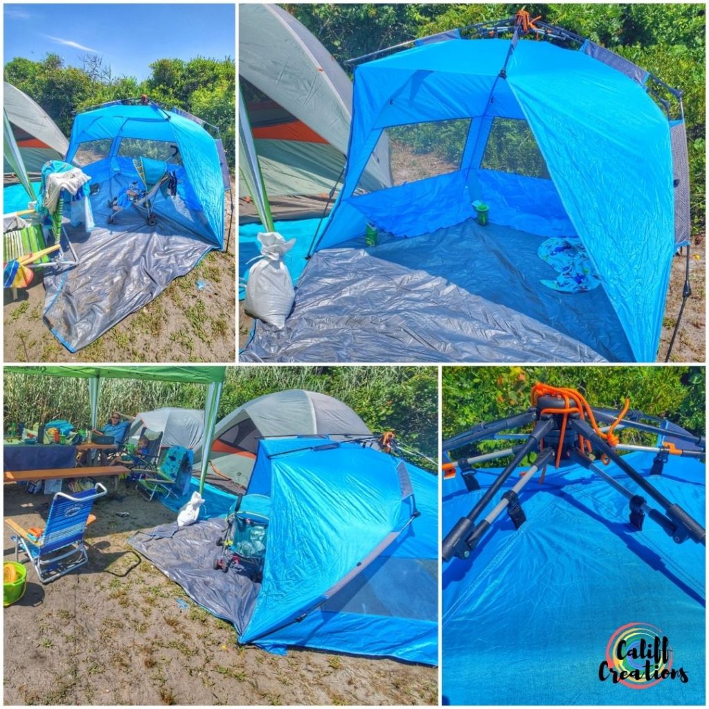 OutdoorMaster Pop-up Beach tent that we were gifted for our family camping trip