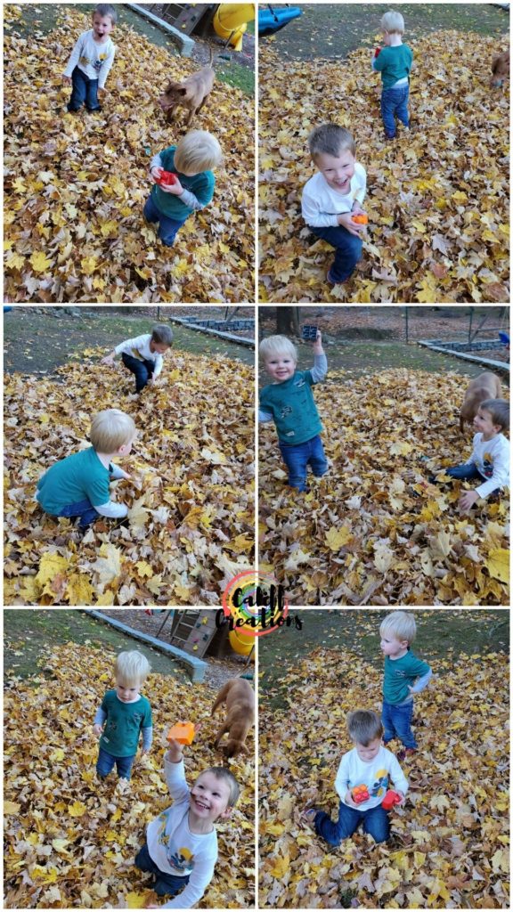 Outdoor sensory play: leaf pile scavenger hunt collage of photos