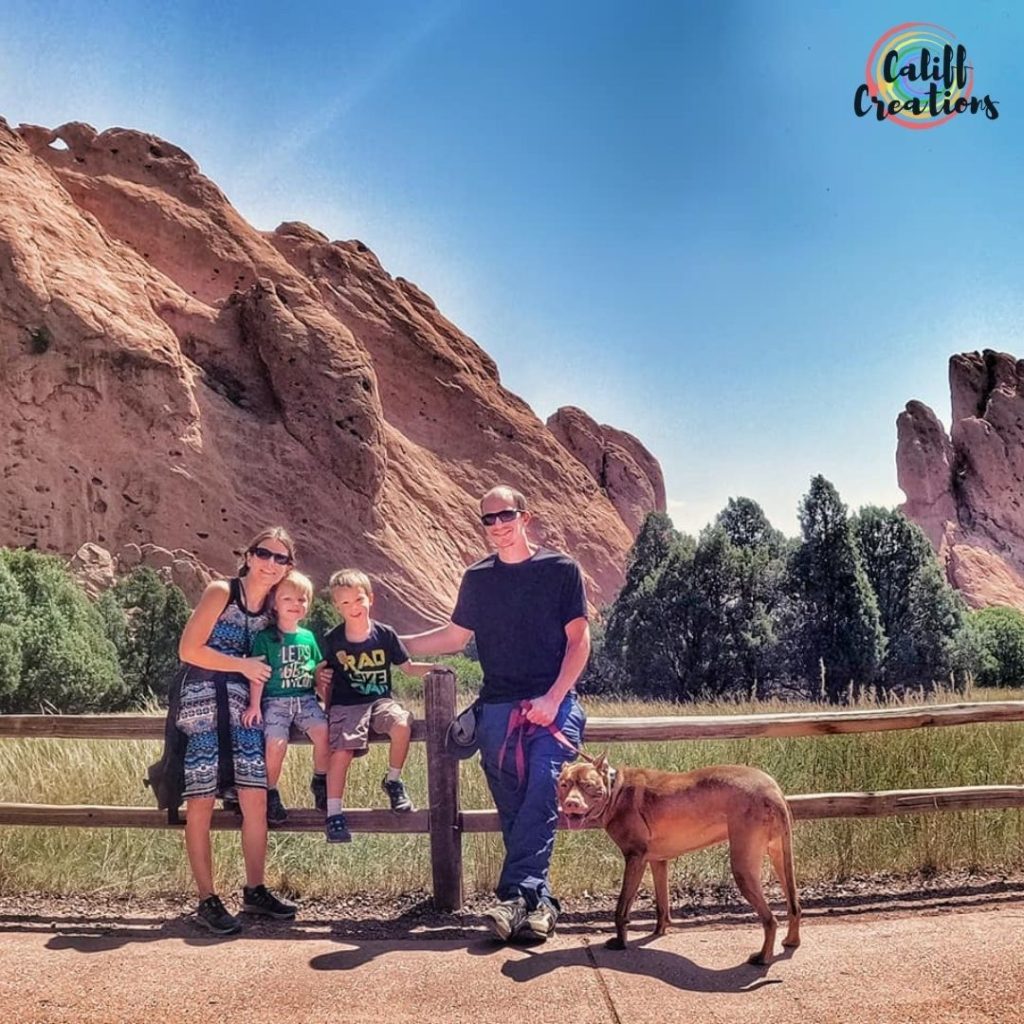 The whole family, including our dog, at Garden of the Gods